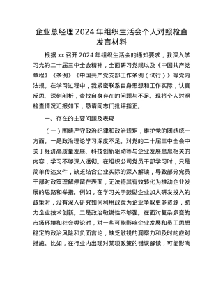 企业总经理2024年组织生活会个人对照检查发言材料.docx