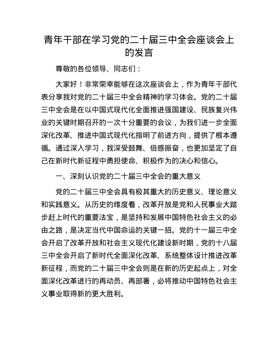 青年干部在学习X的二十届三中全会座谈会上的发言.docx_第1页