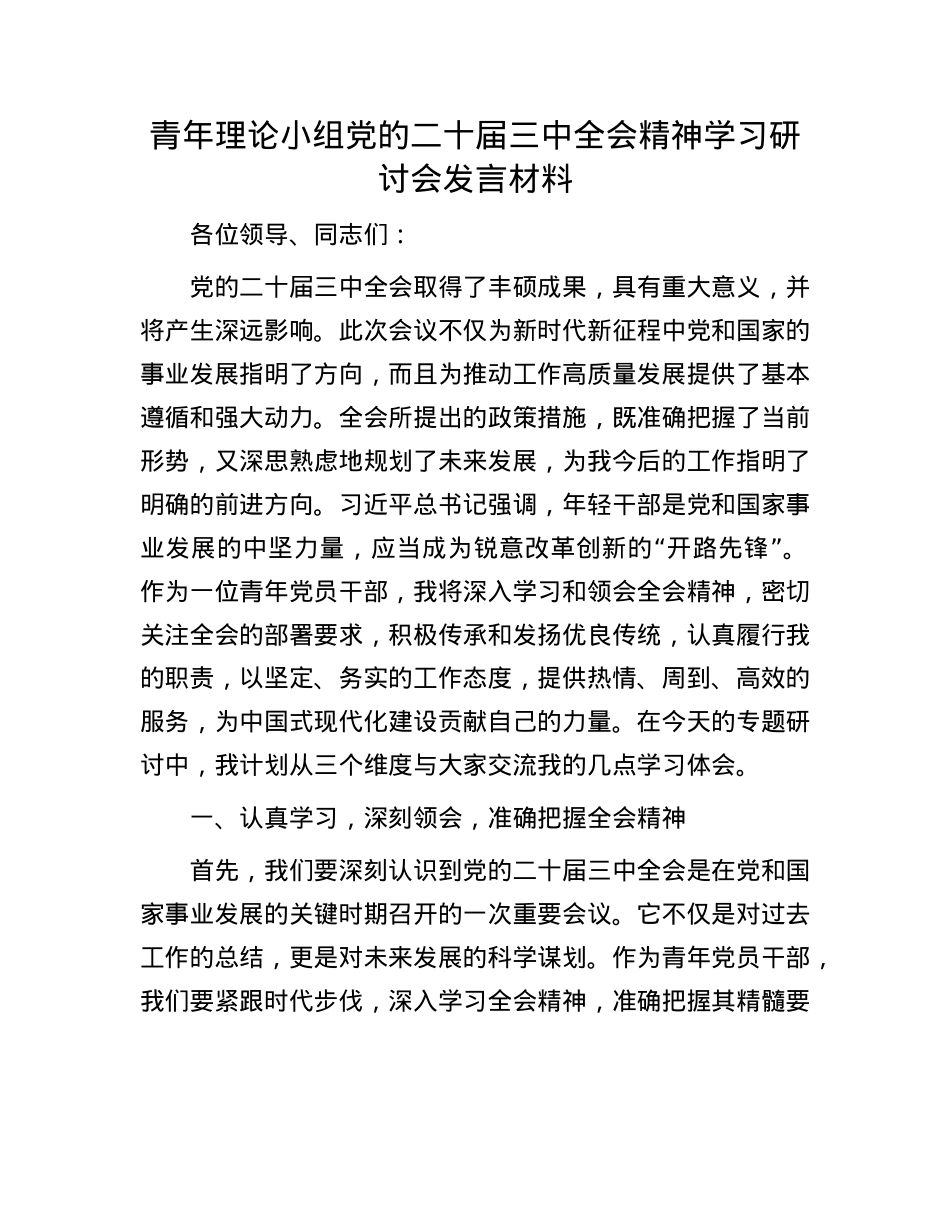 青年理论小组X的二十届三中全会精神学习研讨会发言材料.docx_第1页