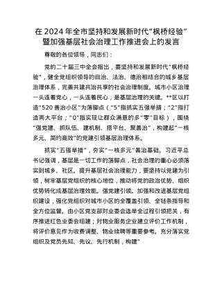 在2024年全市坚持和发展新时代“枫桥经验”暨加强基层社会治理工作推进会上的发言.docx