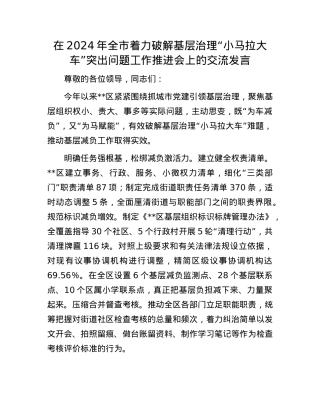 在2024年全市着力破解基层治理“小马拉大车”突出问题工作推进会上的交流发言.docx