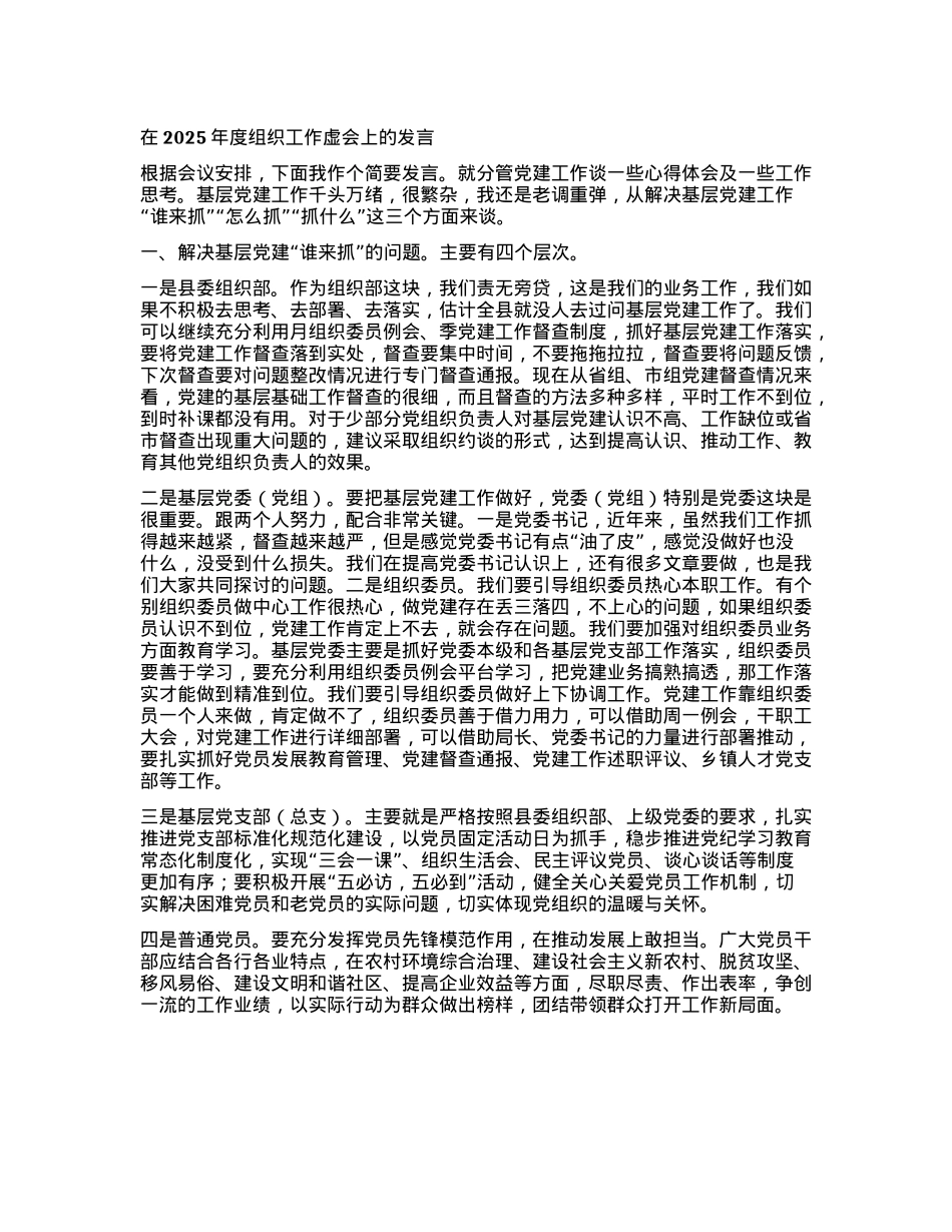 在2025年度组织工作虚会上的发言(1).docx_第1页