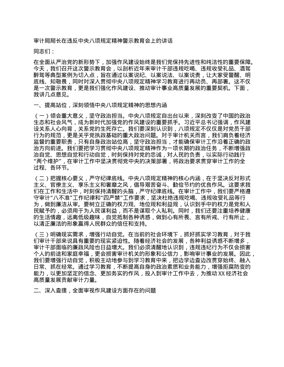 审计局局长在违反中央XXXX精神警示教育会上的讲话.docx_第1页