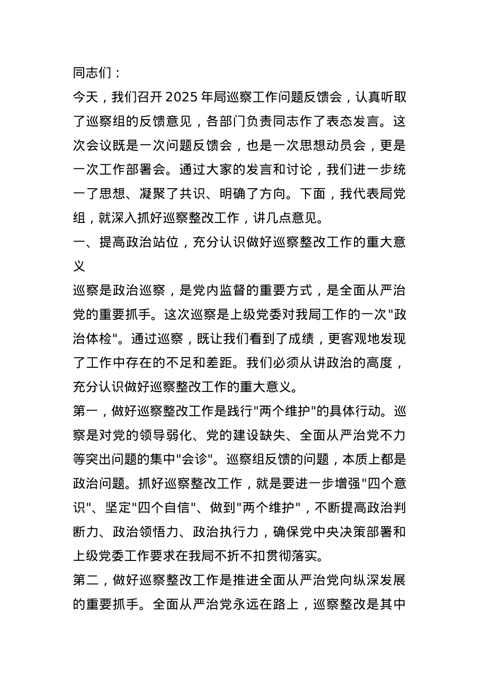 在2025年局巡察工作问题反馈会上的总结讲话.docx_第1页