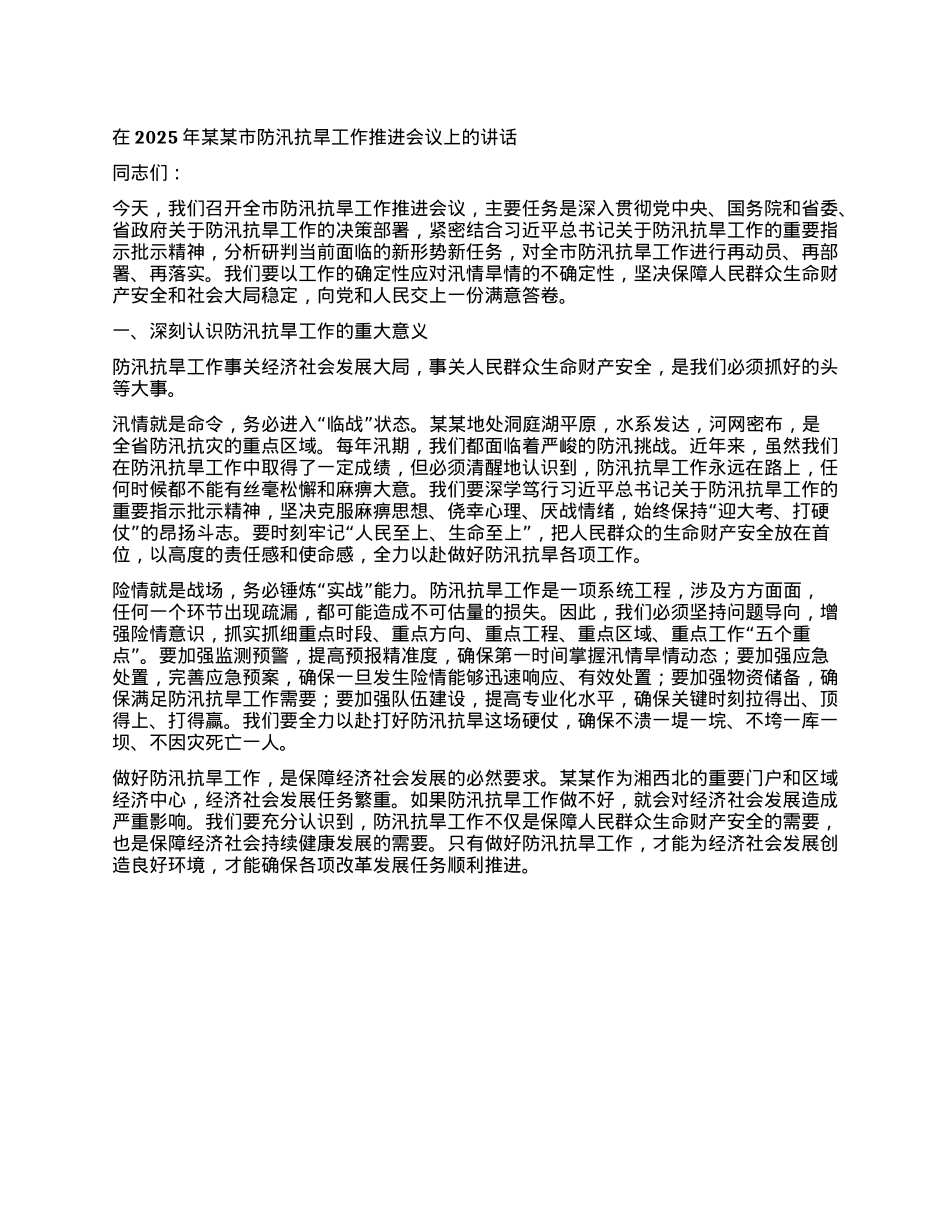 在2025年某某市防汛抗旱工作推进会议上的讲话.docx_第1页