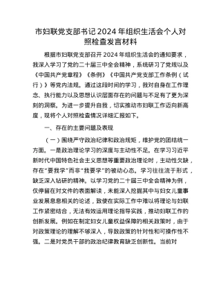 市妇联X支部书记2024年组织生活会个人对照检查发言材料.docx