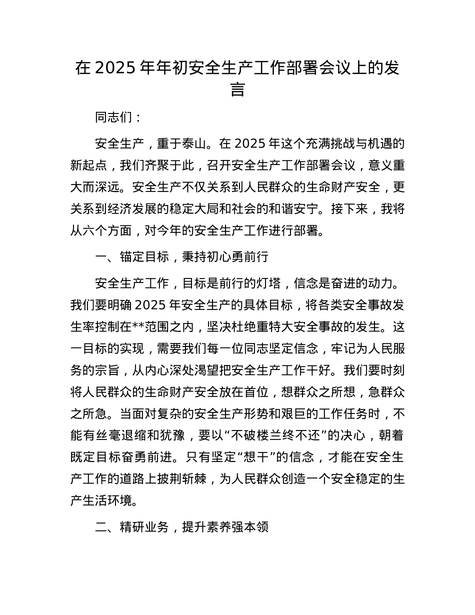 在2025年年初安全生产工作部署会议上的发言.docx_第1页