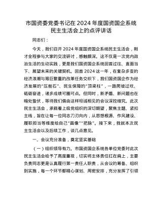 市国资委党委书记在2024年度国资国企系统民主生活会上的点评讲话(1).docx