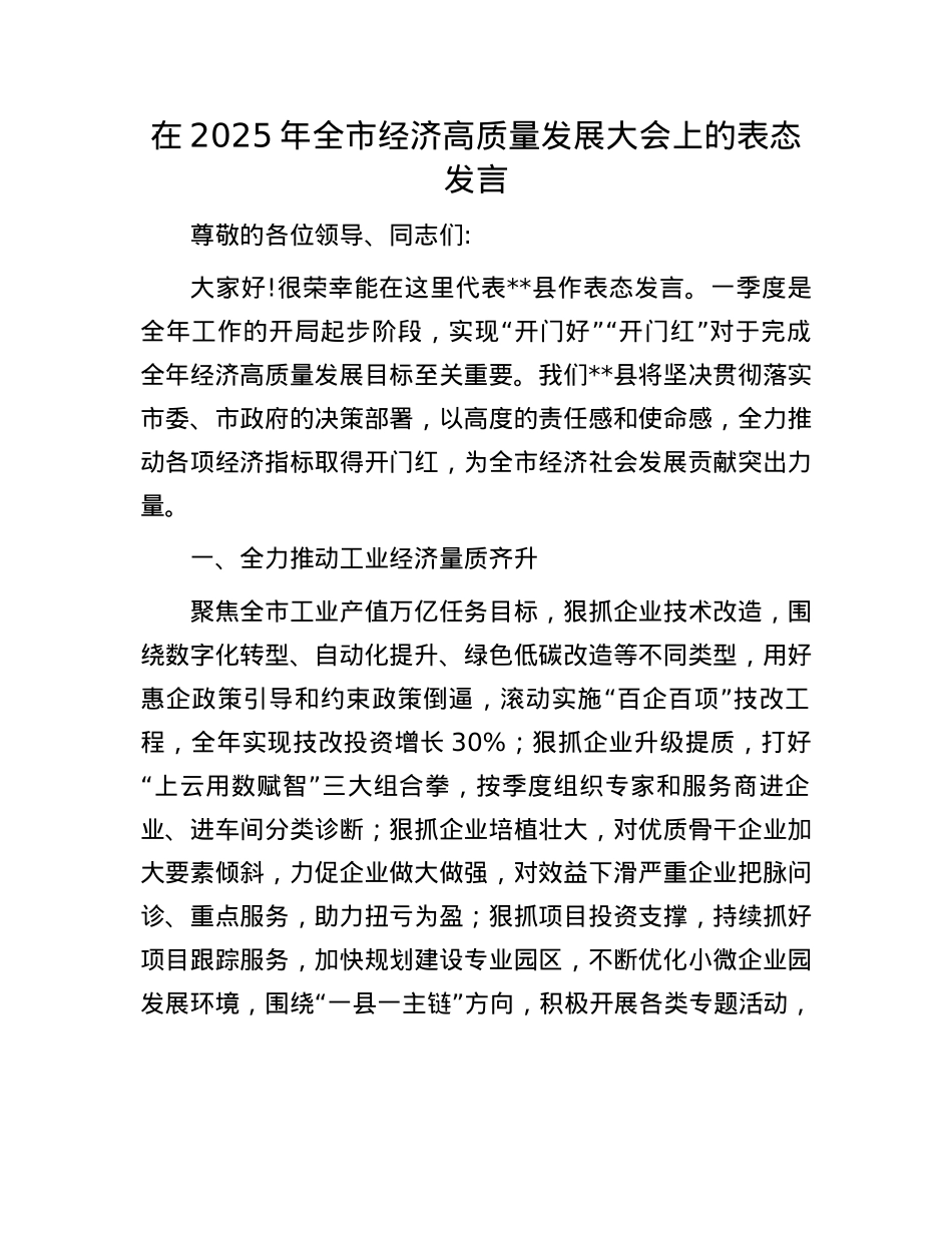 在2025年全市经济高质量发展大会上的表态发言.docx_第1页