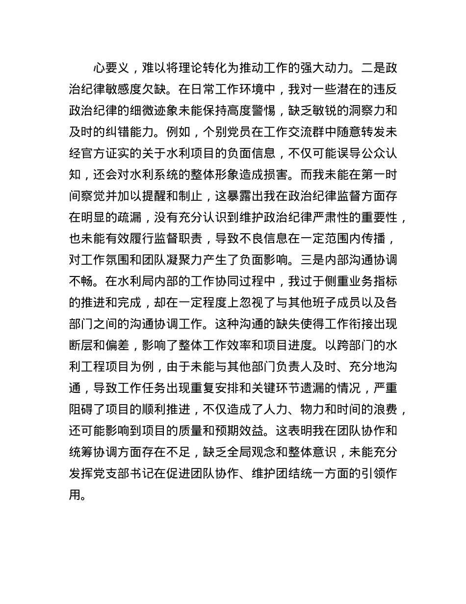 市水利局X支部书记2024年组织生活会个人对照检查发言材料.docx_第2页