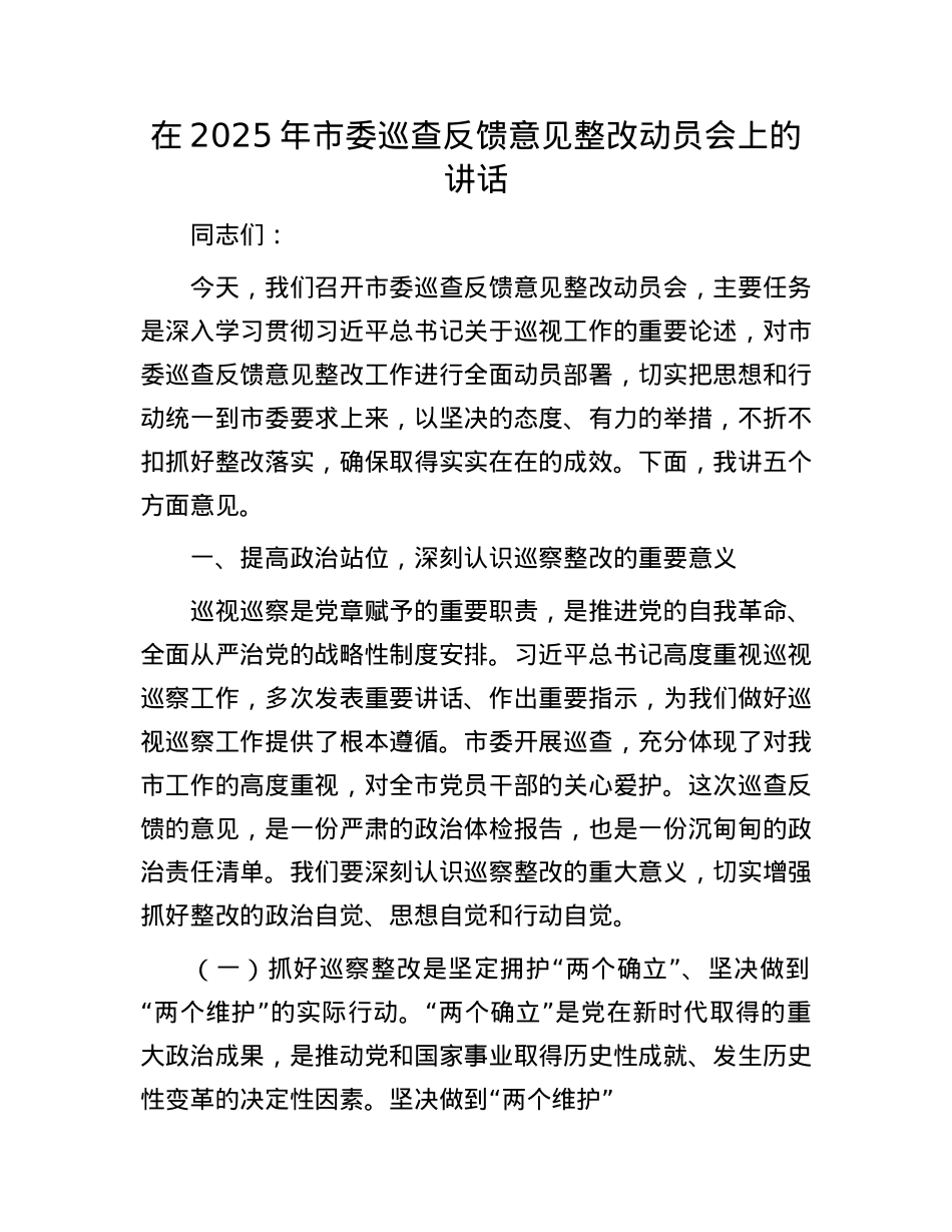 在2025年市委巡查反馈意见整改动员会上的讲话.docx_第1页