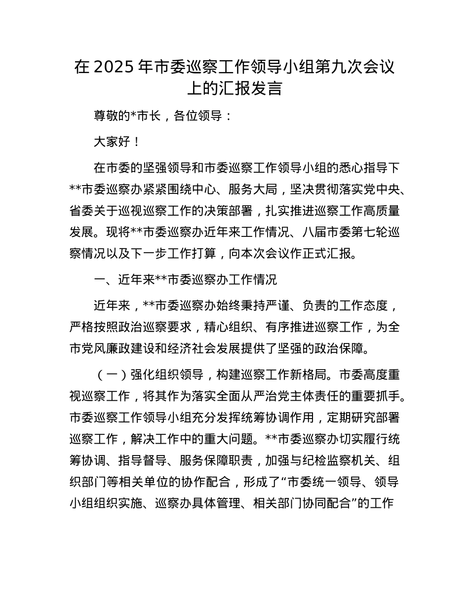 在2025年市委巡察工作领导小组第九次会议上的汇报发言.docx_第1页