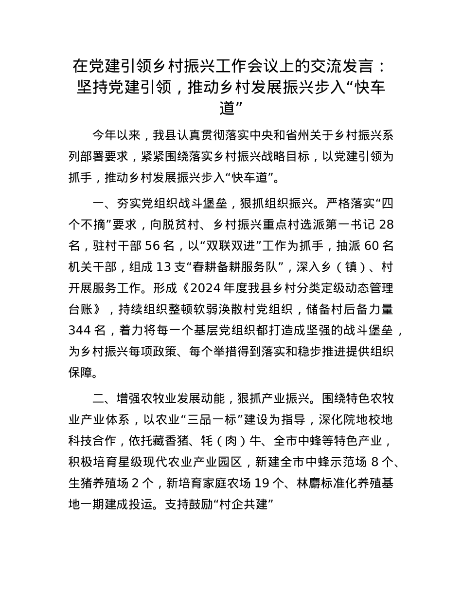 在X建引领乡村振兴工作会议上的交流发言：坚持X建引领，推动乡村发展振兴步入“快车道”.docx_第1页