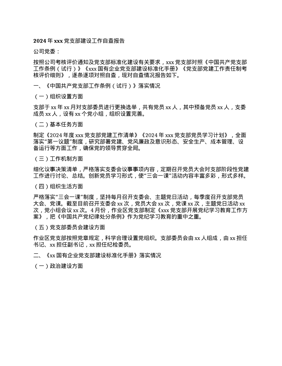 2024年xxxX支部建设工作自查报告(1).docx_第1页