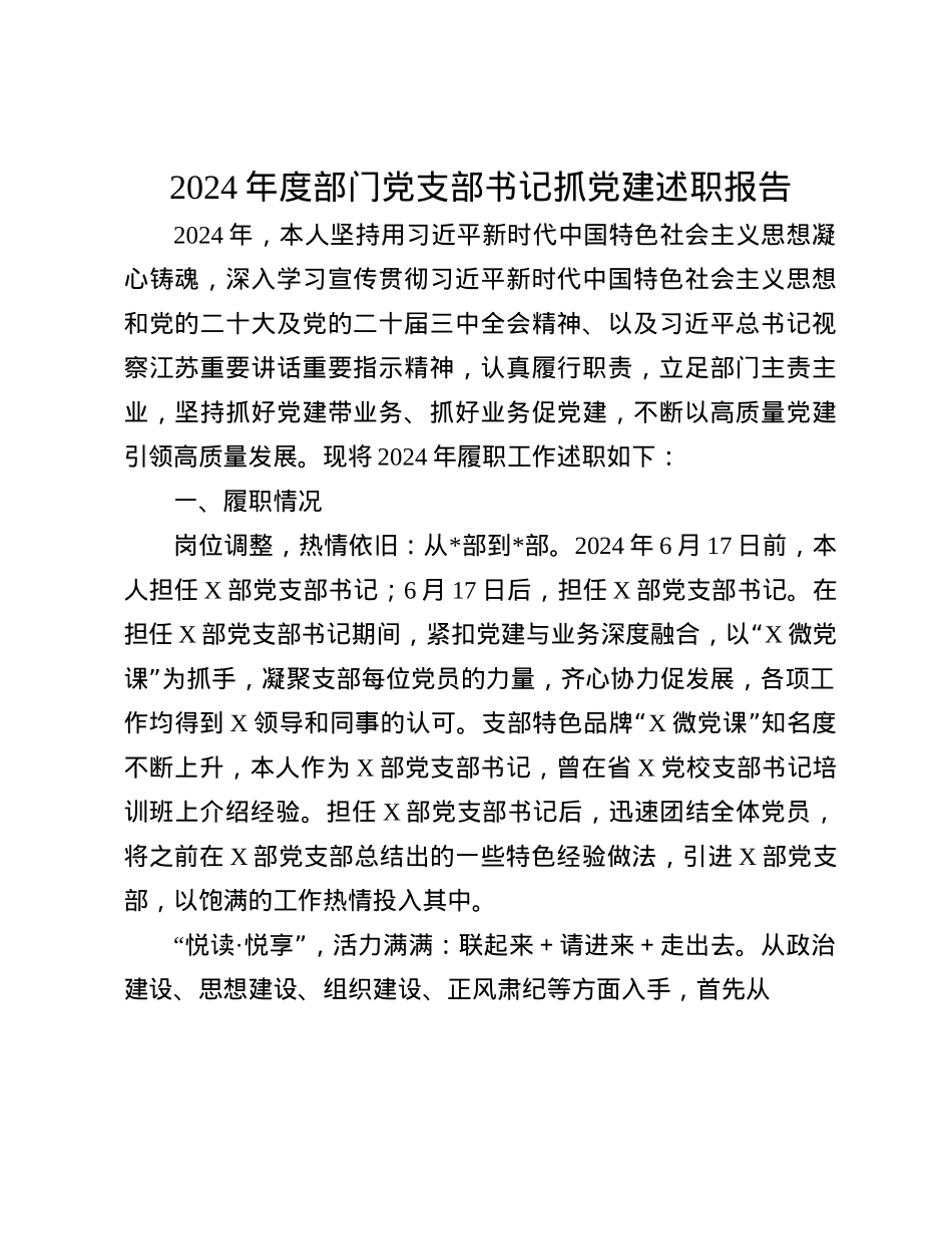 2024年度部门X支部书记抓X建述职报告(1).docx_第1页