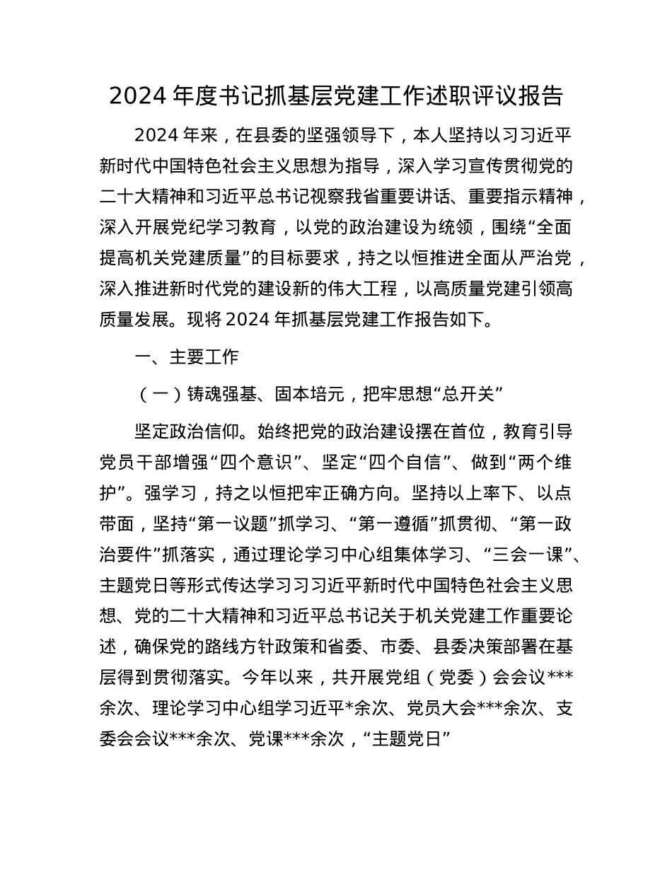 2024年度书记抓基层X建工作述职评议报告(1).docx_第1页