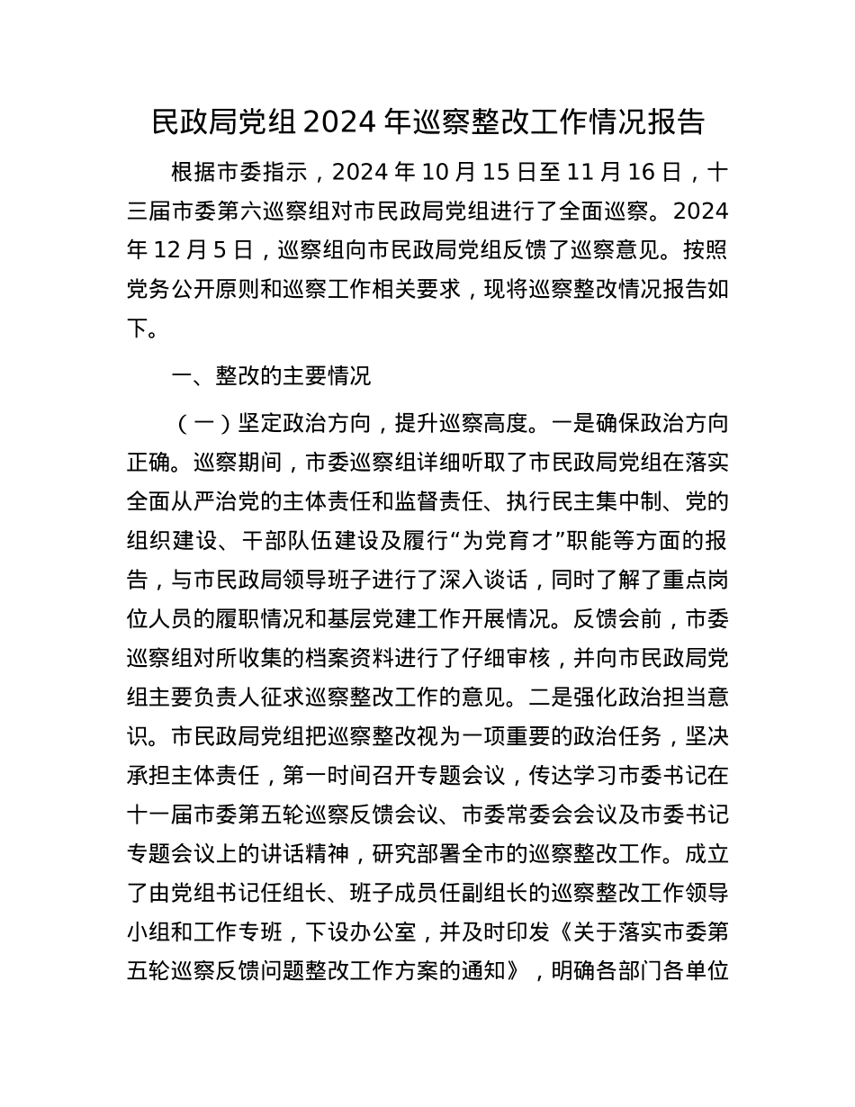 民政局X组2024年巡察整改工作情况报告(1).docx_第1页