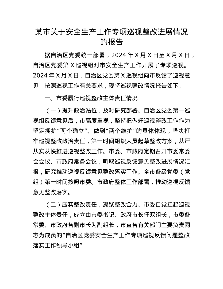 某市关于安全生产工作专项巡视整改进展情况的报告.docx_第1页