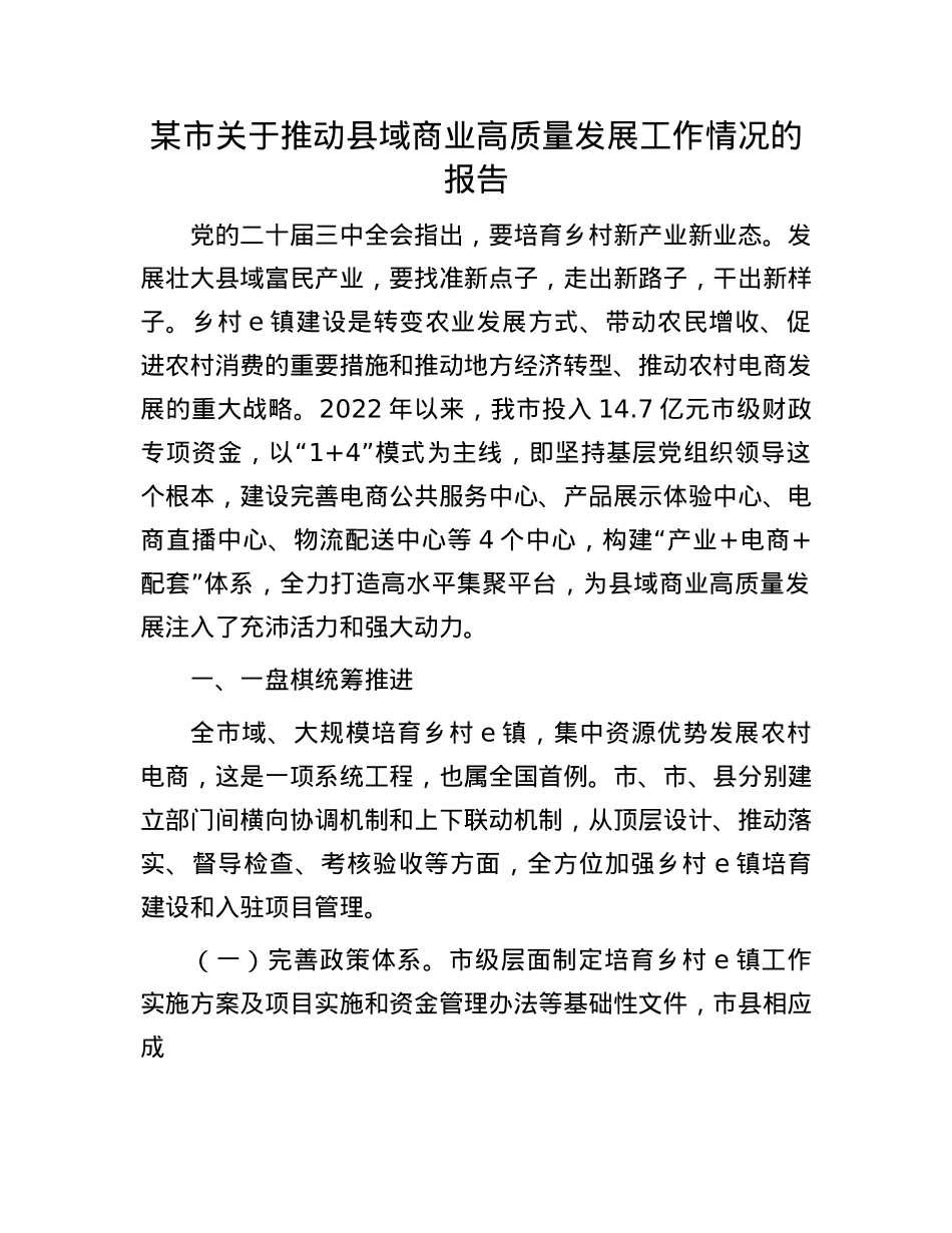 某市关于推动县域商业高质量发展工作情况的报告.docx_第1页