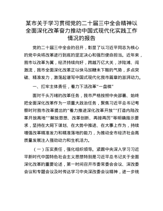 某市关于学习贯彻X的二十届三中全会精神以全面深化改革奋力推动中国式现代化实践工作情况的报告.docx