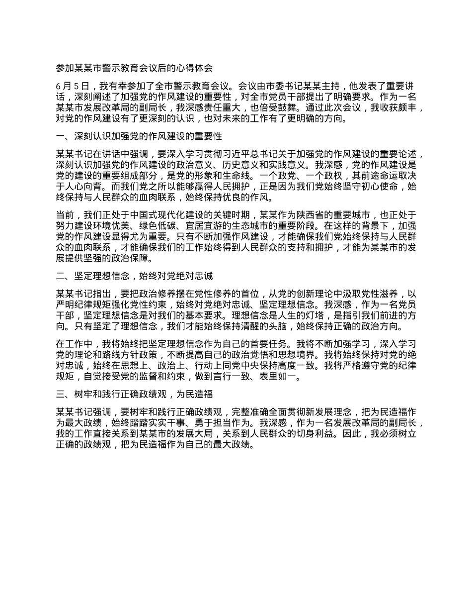 参加某某市警示教育会议后的心得体会.docx_第1页