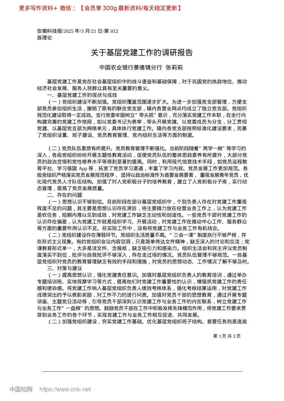 2025.03关于基层X建工作的调研报告_中国农业银行景德镇分行__张莉莉.docx_第1页