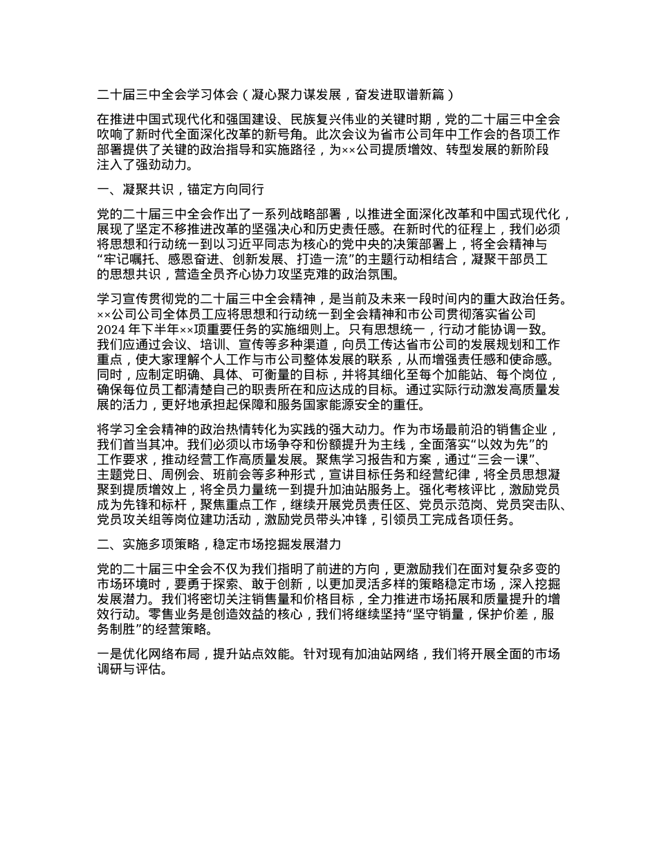 二十届三中全会学习体会（凝心聚力谋发展，奋发进取谱新篇）.docx_第1页