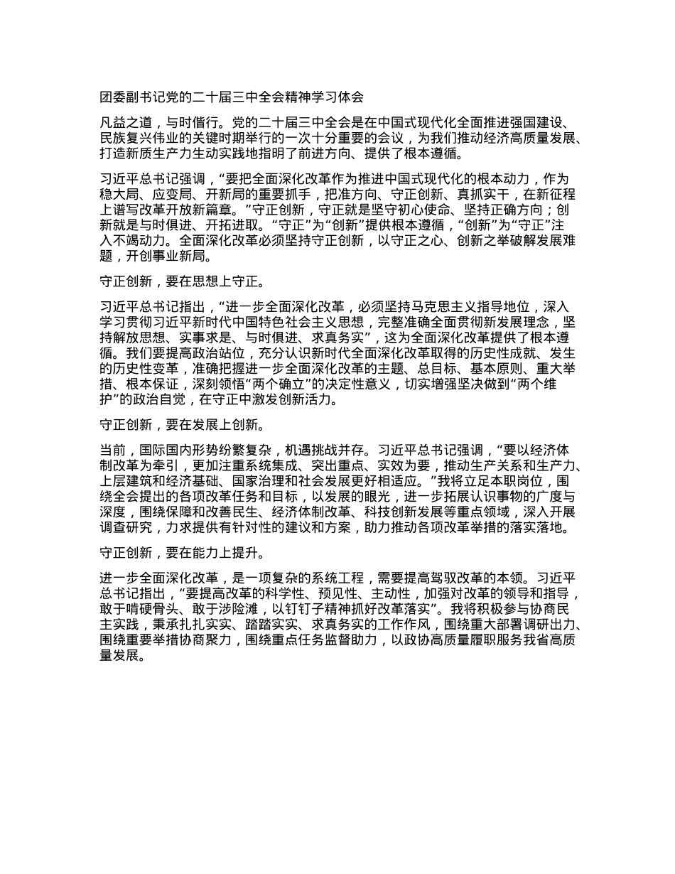 团委副书记X的二十届三中全会精神学习体会.docx_第1页