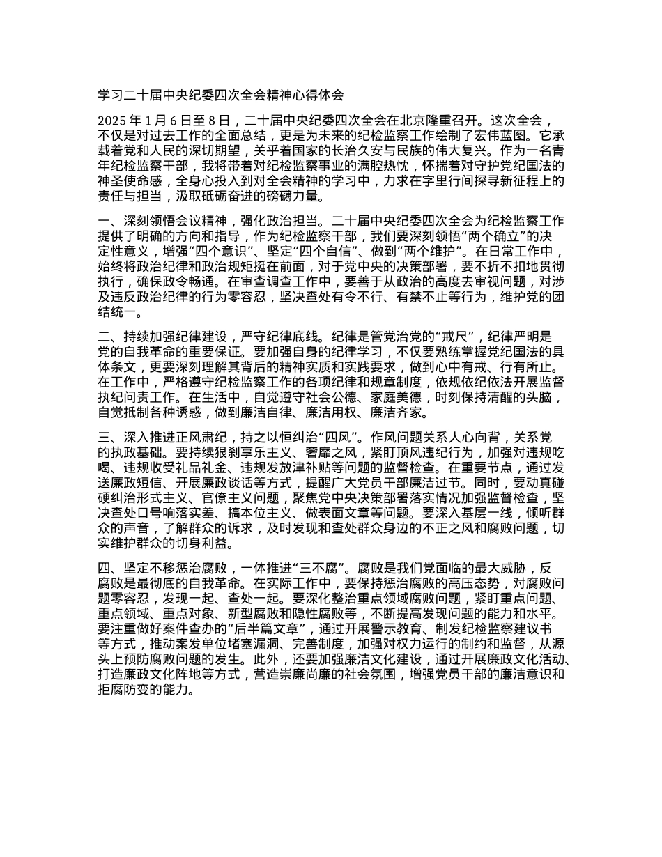 学习二十届中央纪委四次全会精神心得体会(1).docx_第1页