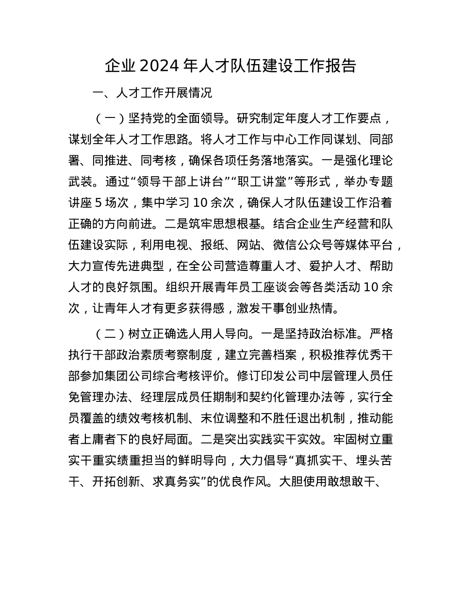 企业2024年人才队伍建设工作报告.docx_第1页