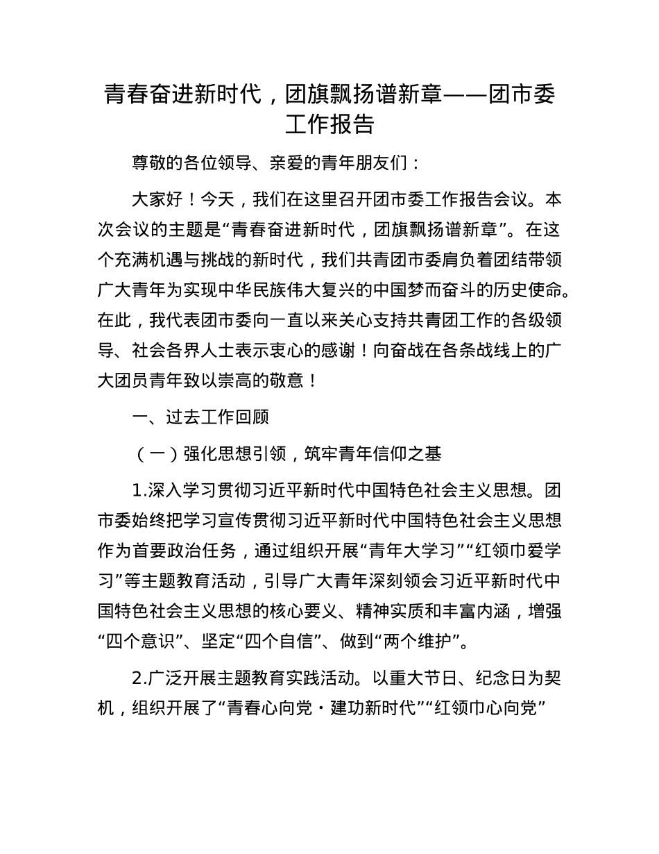 青春奋进新时代，团旗飘扬谱新章 —— 团市委工作报告.docx_第1页