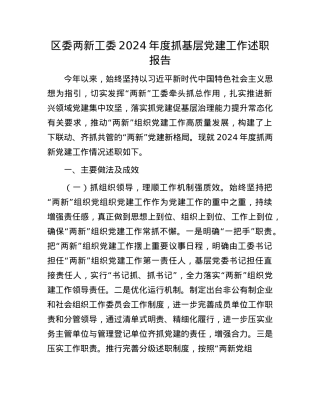 区委两新工委2024年度抓基层X建工作述职报告(1).docx