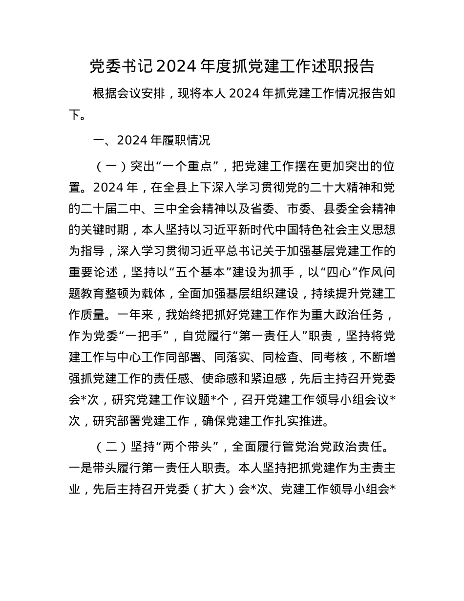X委书记2024年度抓X建工作述职报告(1).docx_第1页