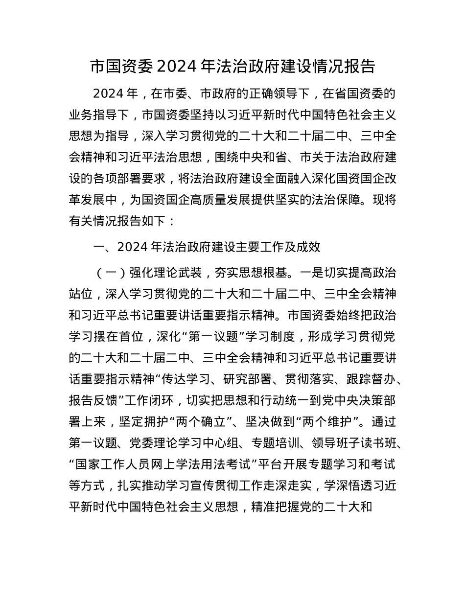 市国资委2024年法治政府建设情况报告(1).docx_第1页