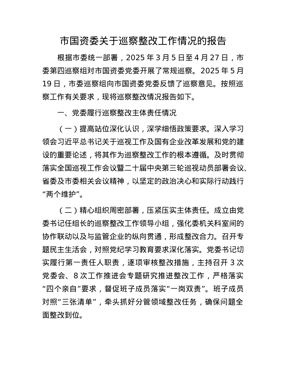 市国资委关于巡察整改工作情况的报告.docx_第1页