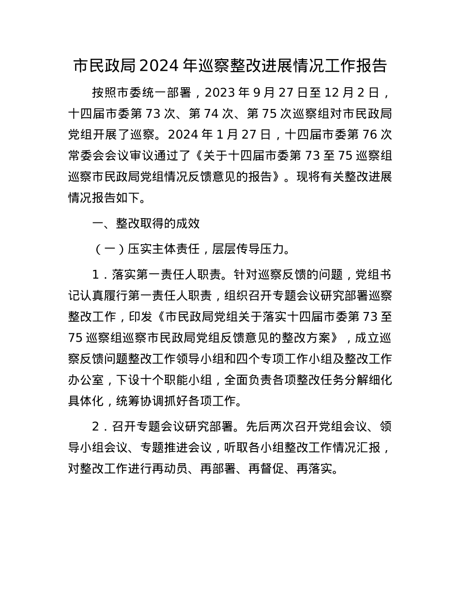 市民政局2024年巡察整改进展情况工作报告.docx_第1页