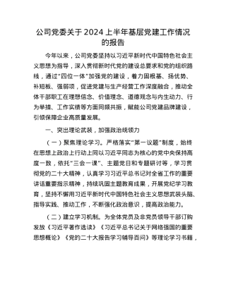 公司X委关于2024上半年基层X建工作情况的报告.docx