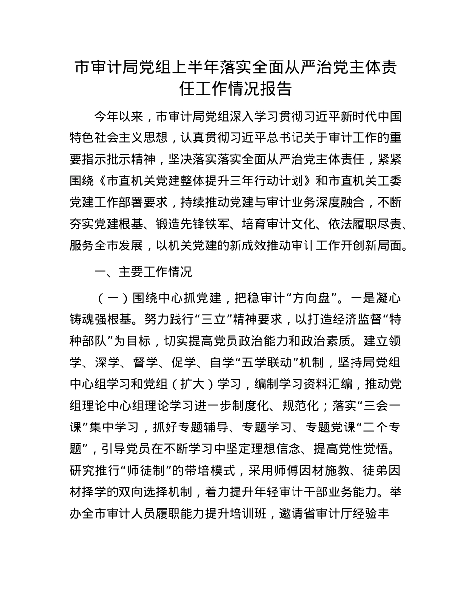 市审计局X组上半年落实全面从严治X主体责任工作情况报告.docx_第1页