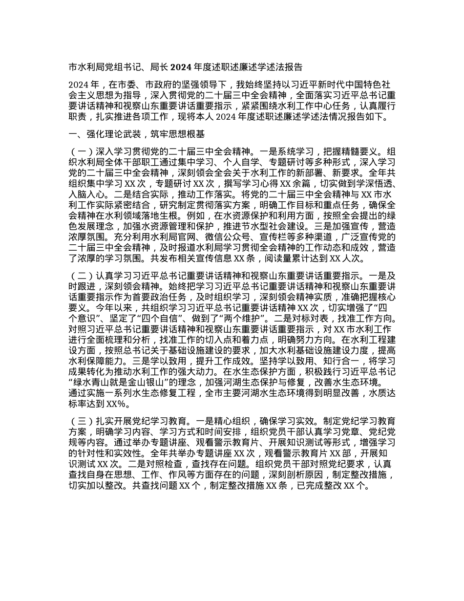 市水利局X组书记、局长2024年度述职述廉述学述法报告.docx_第1页
