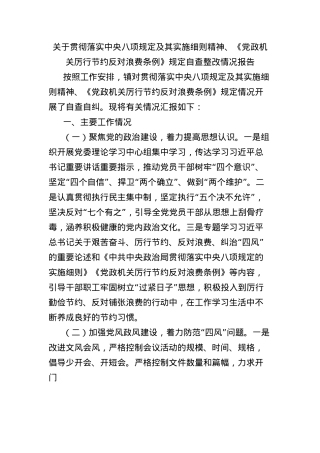 关于贯彻落实中央BXGD及其实施细则精神、《X政机关厉行节约反对浪费条例》规定自查整改情况报告.docx