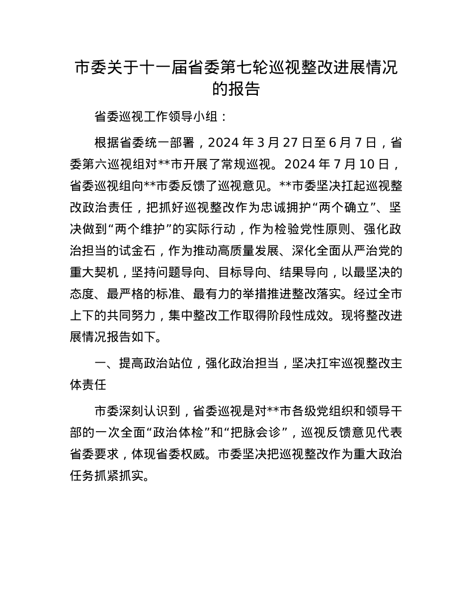 市委关于十一届省委第七轮巡视整改进展情况的报告.docx_第1页