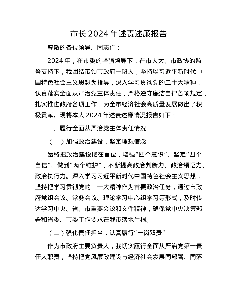 市长 2024 年述责述廉报告.docx_第1页