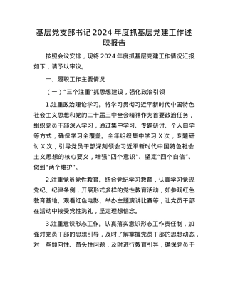 基层X支部书记2024年度抓基层X建工作述职报告(1).docx
