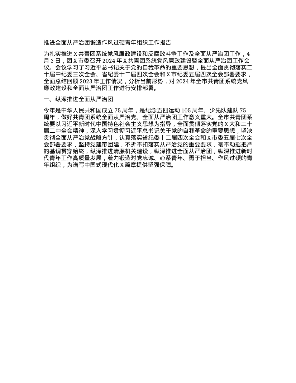 推进全面从严治团锻造作风过硬青年组织工作报告.docx_第1页
