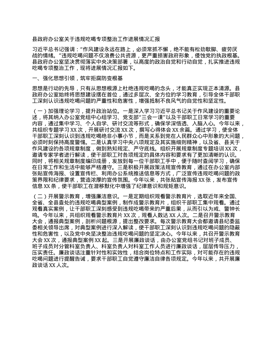 县政府办公室关于违规吃喝专项整治工作进展情况汇报.docx_第1页