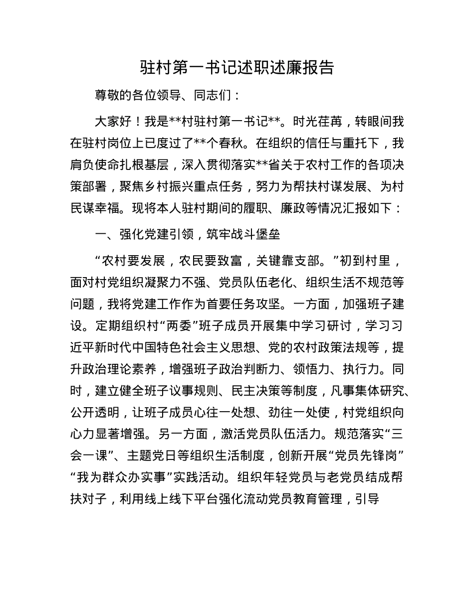 驻村第一书记述职述廉报告.docx_第1页