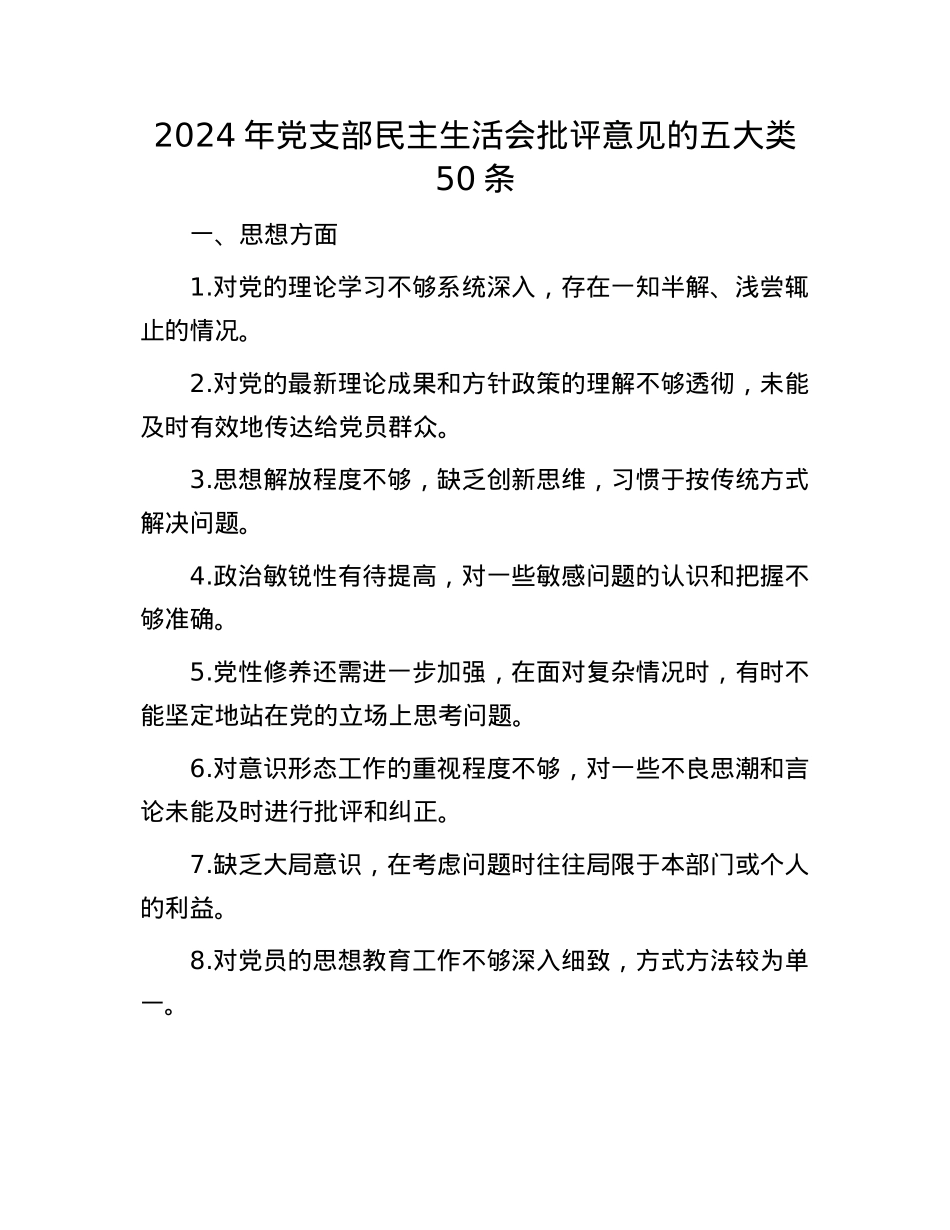 2024年X支部民主生活会批评意见的五大类50条(1).docx_第1页