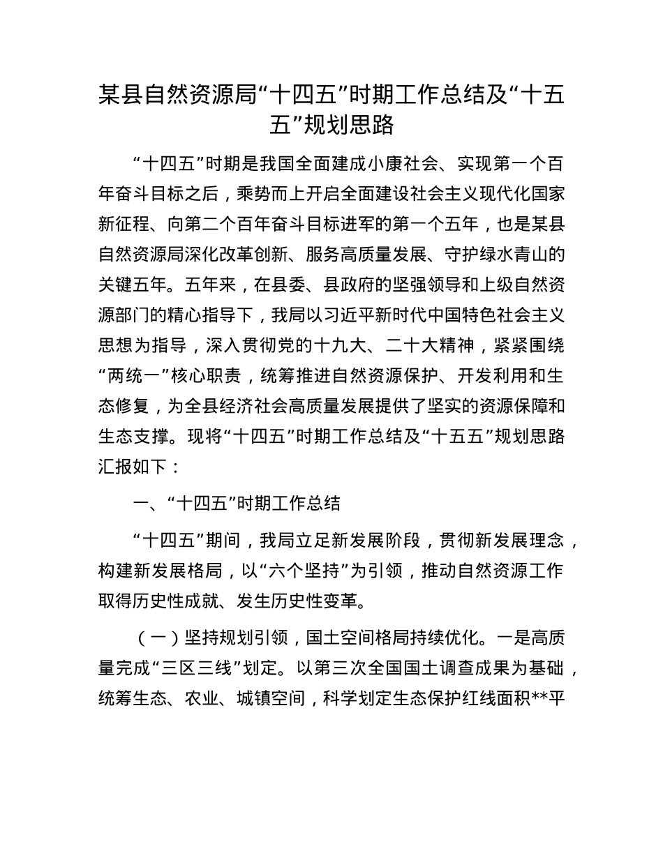 某县自然资源局“十四五”时期工作总结及“十五五”规划思路.docx_第1页