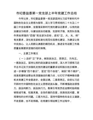 市纪委监委第一X支部上半年X建工作总结.docx