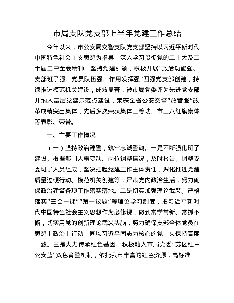 市局支队X支部上半年X建工作总结.docx_第1页